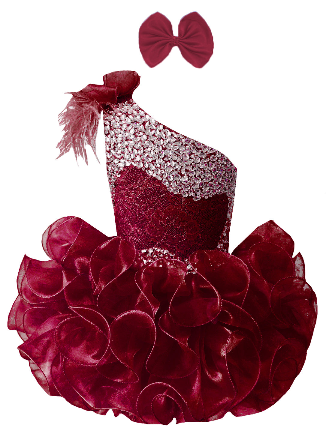 GIRWEM GRCP10003 Burgundy one-shoulder organza ruffle cupcake pageant dress