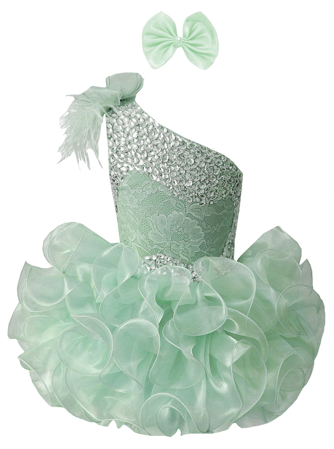 GIRWEM GRCP10003 Celadon one-shoulder organza ruffle cupcake pageant dress