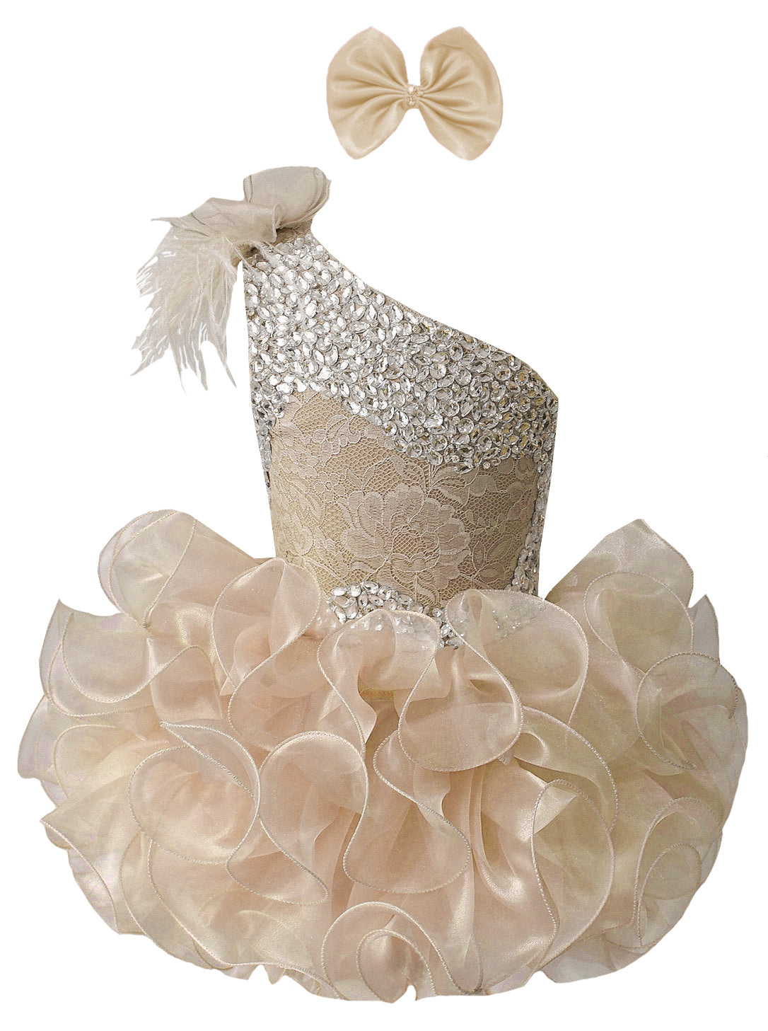 GIRWEM GRCP10003 Champagne one-shoulder organza ruffle cupcake pageant dress