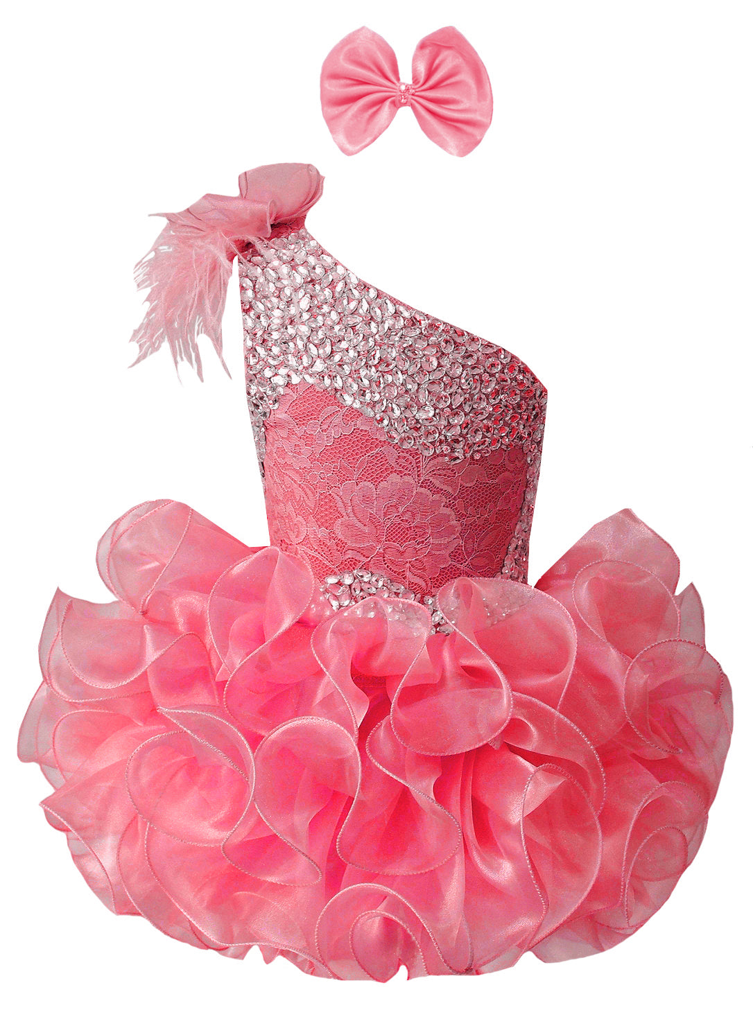GIRWEM GRCP10003 Coral one-shoulder organza ruffle cupcake pageant dress