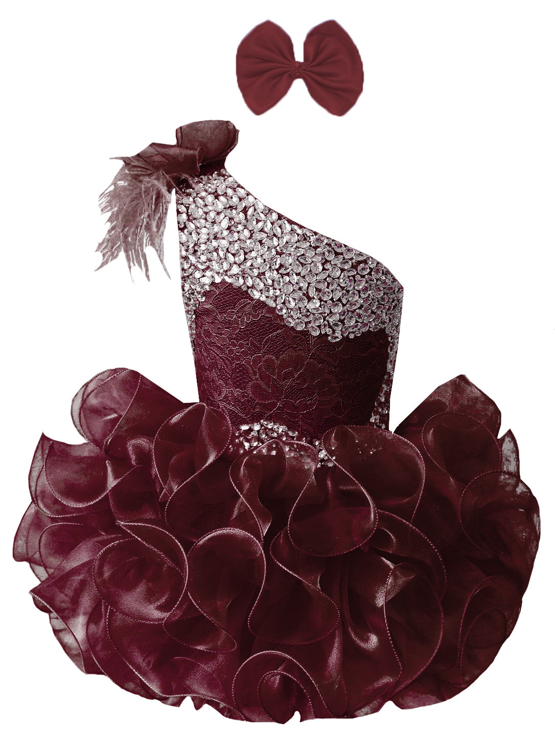 GIRWEM GRCP10003 Dark Burgundy one-shoulder organza ruffle cupcake pageant dress