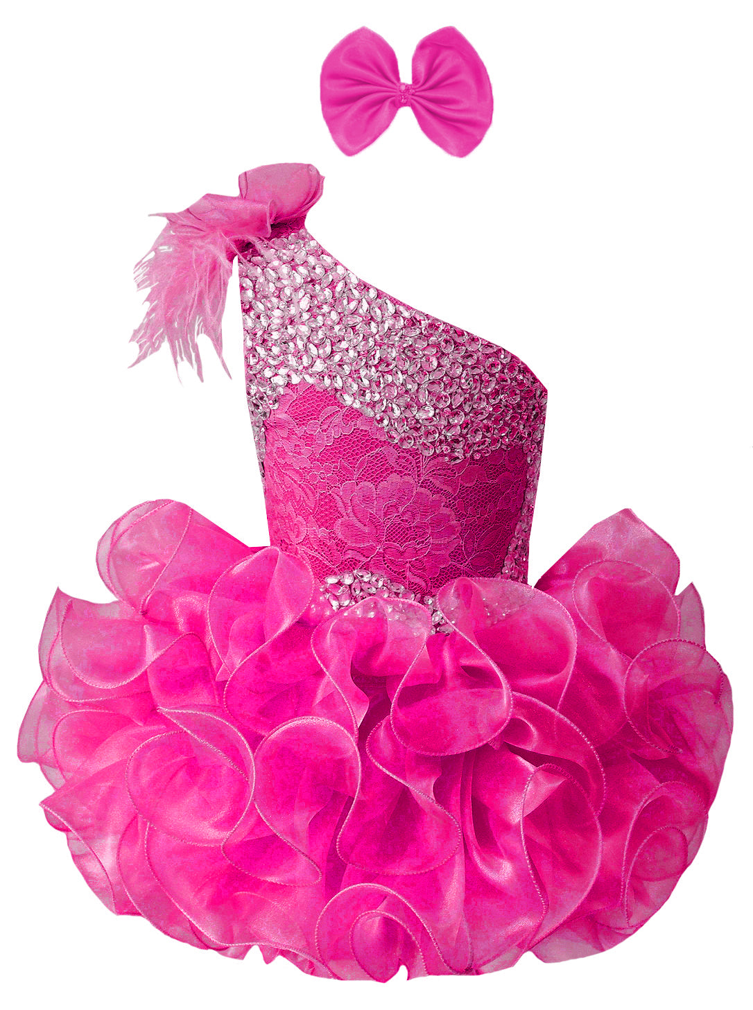 GIRWEM GRCP10003 Fuchsia Front View one-shoulder organza ruffle cupcake pageant dress