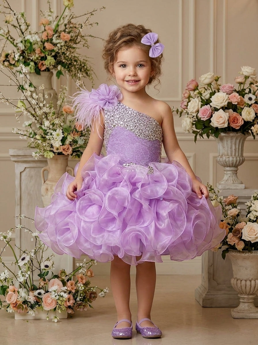 GIRWEM GRCP10003 Lavender Model Floral Scene one-shoulder organza ruffle cupcake pageant dress