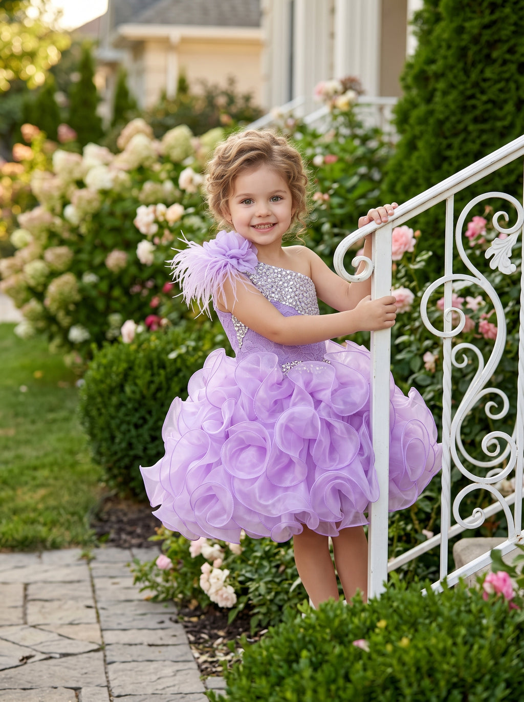 GIRWEM GRCP10003 Lavender Model Garden one-shoulder organza ruffle cupcake pageant dress