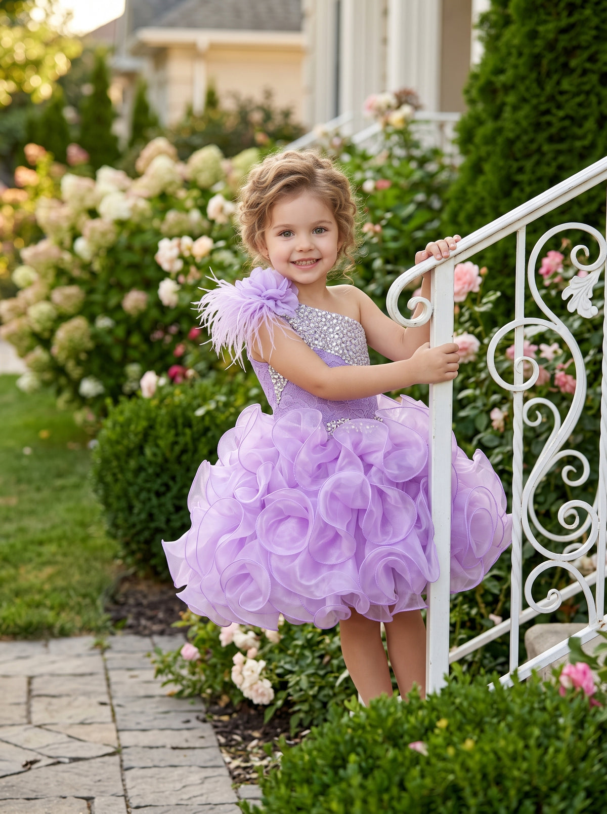 GIRWEM GRCP10003 Lavender Model Garden one-shoulder organza ruffle cupcake pageant dress