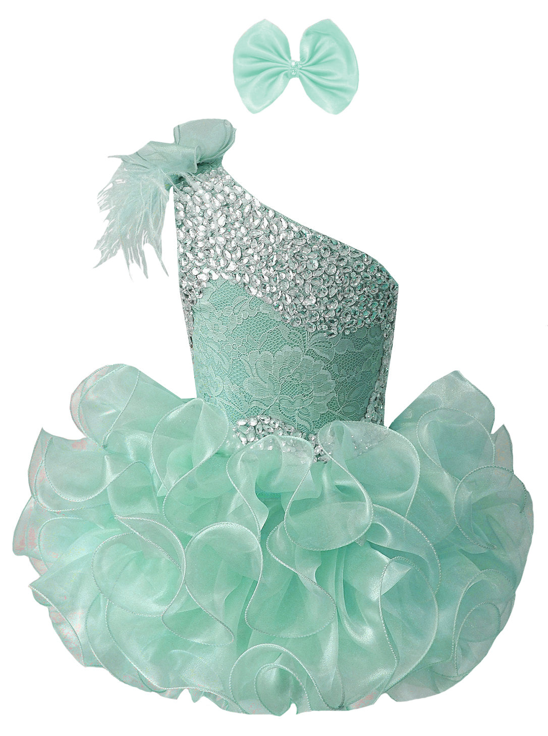GIRWEM GRCP10003 Mint one-shoulder organza ruffle cupcake pageant dress