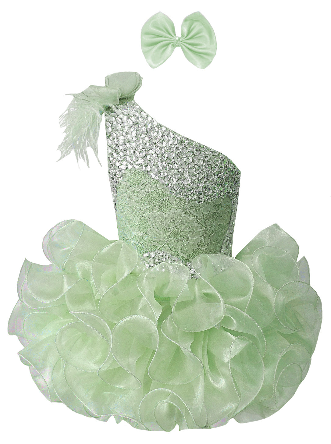 GIRWEM GRCP10003 Mint Green one-shoulder organza ruffle cupcake pageant dress