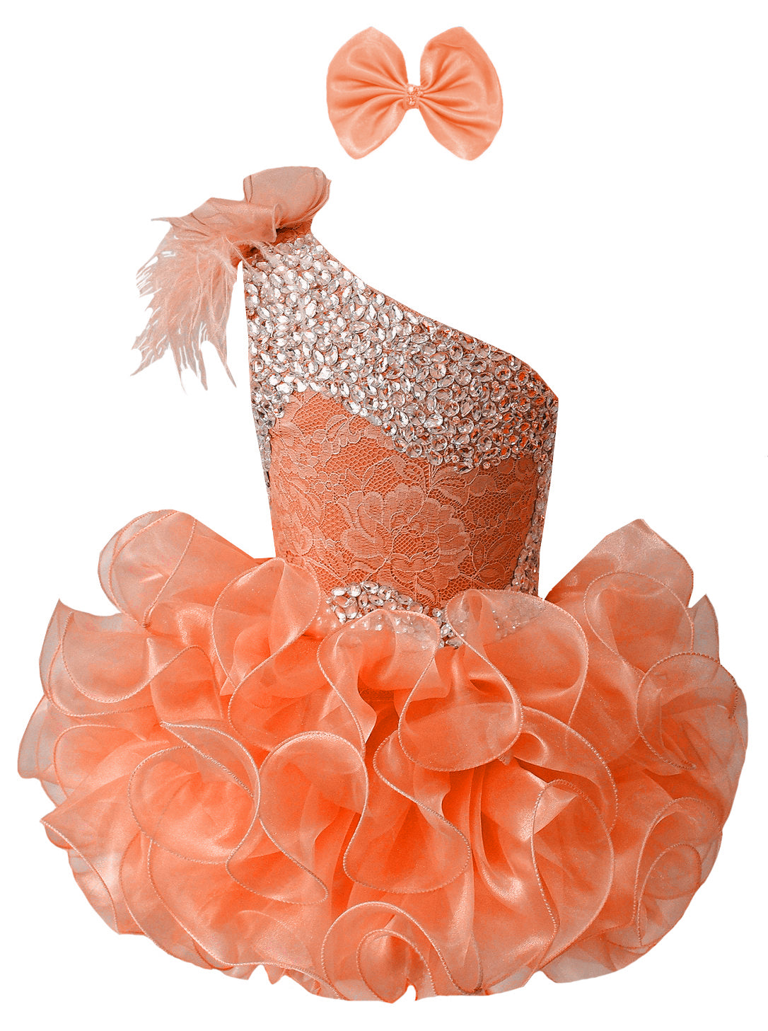 GIRWEM GRCP10003 Orange Front View one-shoulder organza ruffle cupcake pageant dress