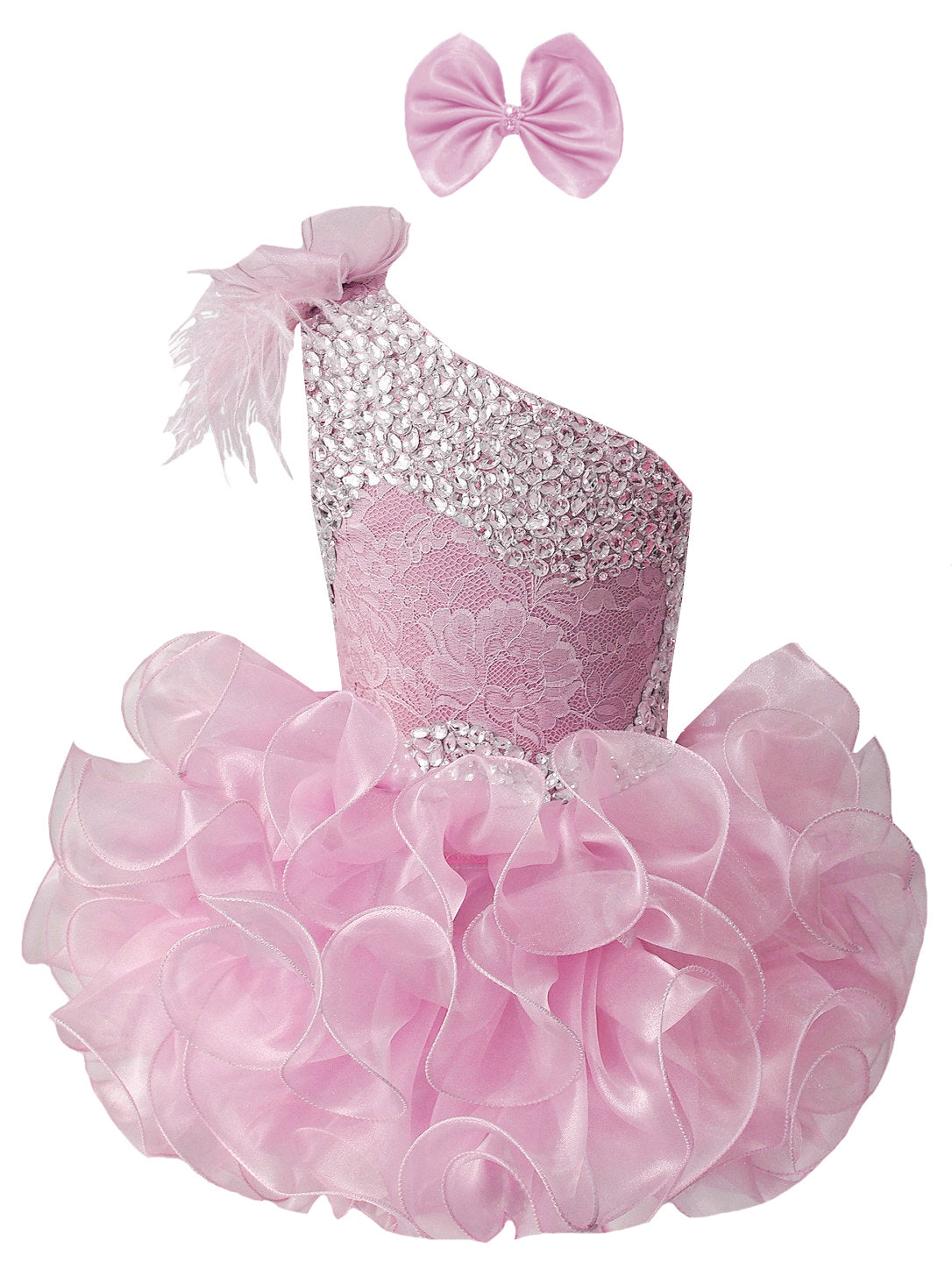 GIRWEM GRCP10003 Pink one-shoulder organza ruffle cupcake pageant dress