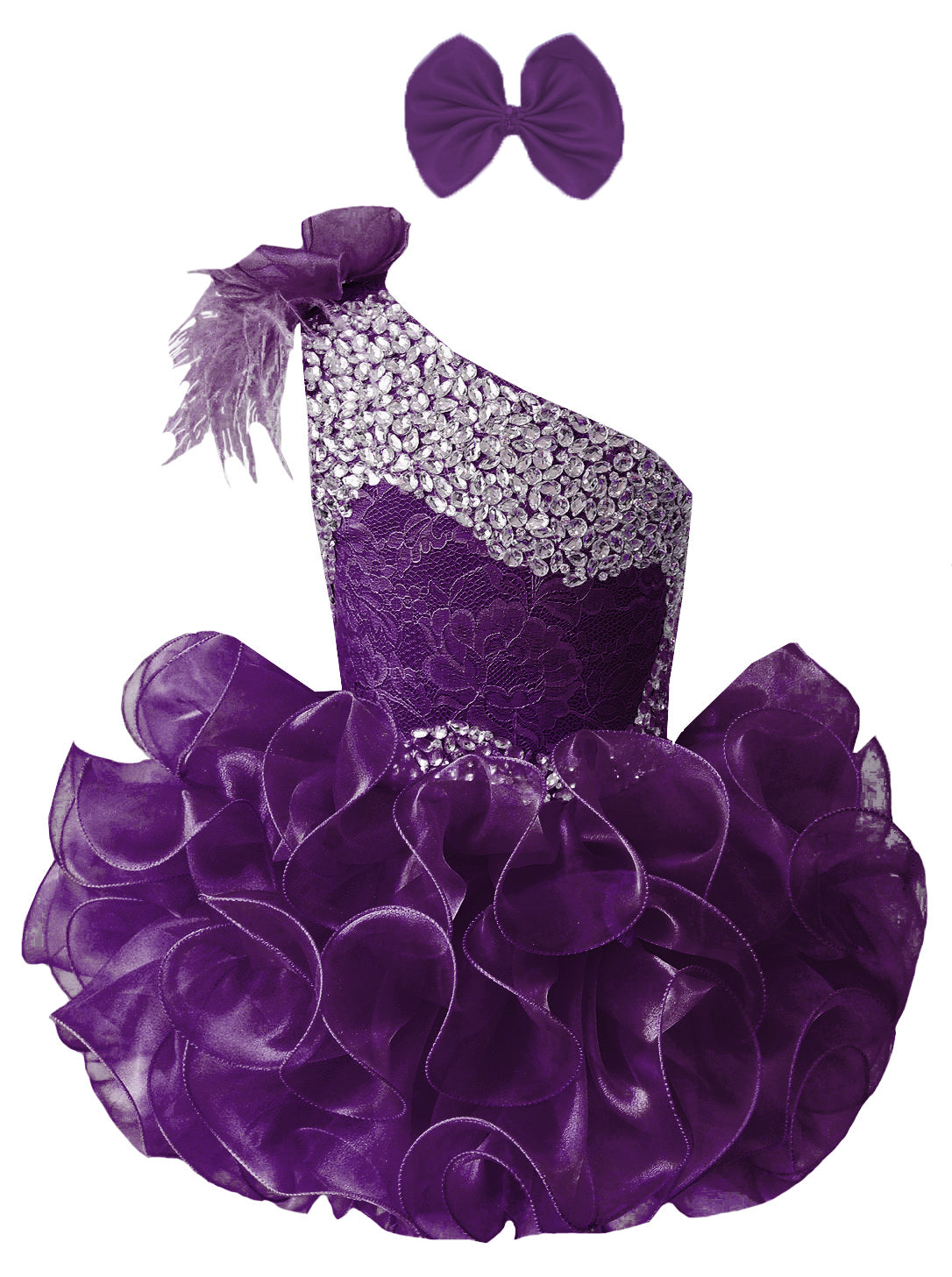 GIRWEM GRCP10003 Plum one-shoulder organza ruffle cupcake pageant dress