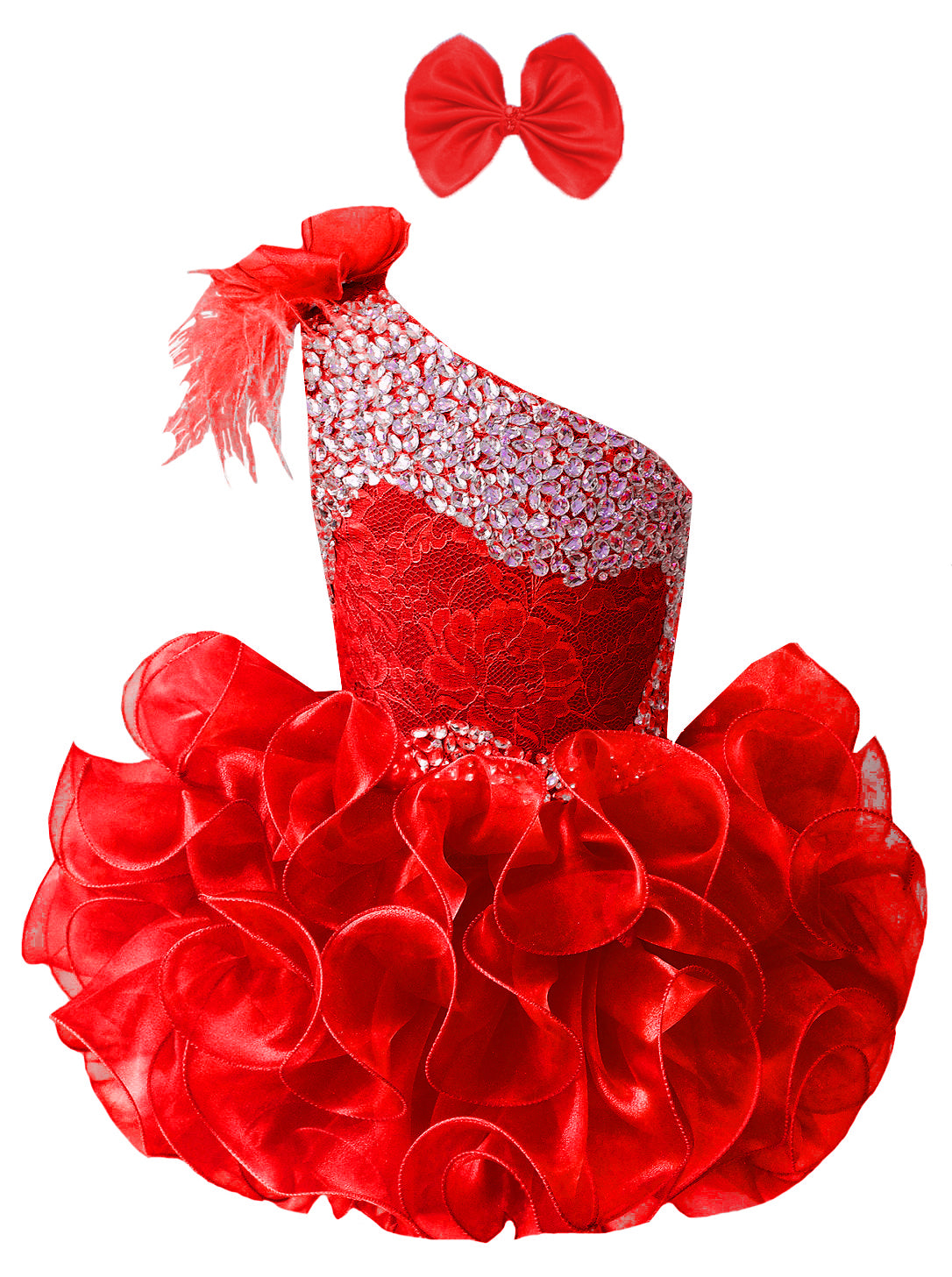 GIRWEM GRCP10003 Red one-shoulder organza ruffle cupcake pageant dress