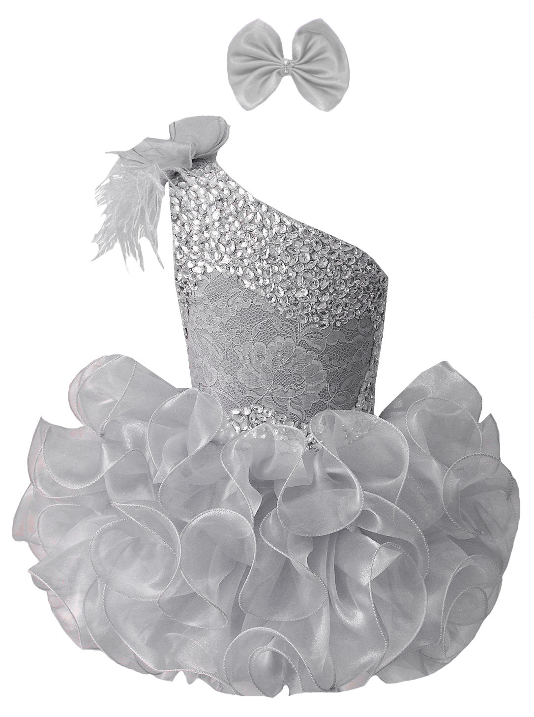 GIRWEM GRCP10003 Silver one-shoulder organza ruffle cupcake pageant dress