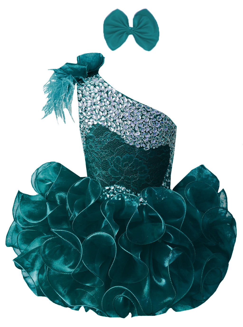 GIRWEM GRCP10003 Teal one-shoulder organza ruffle cupcake pageant dress