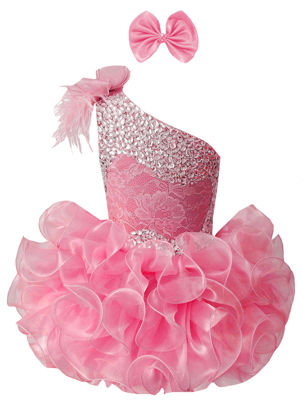 GIRWEM GRCP10003 Watermelon Front View one-shoulder organza ruffle cupcake pageant dress