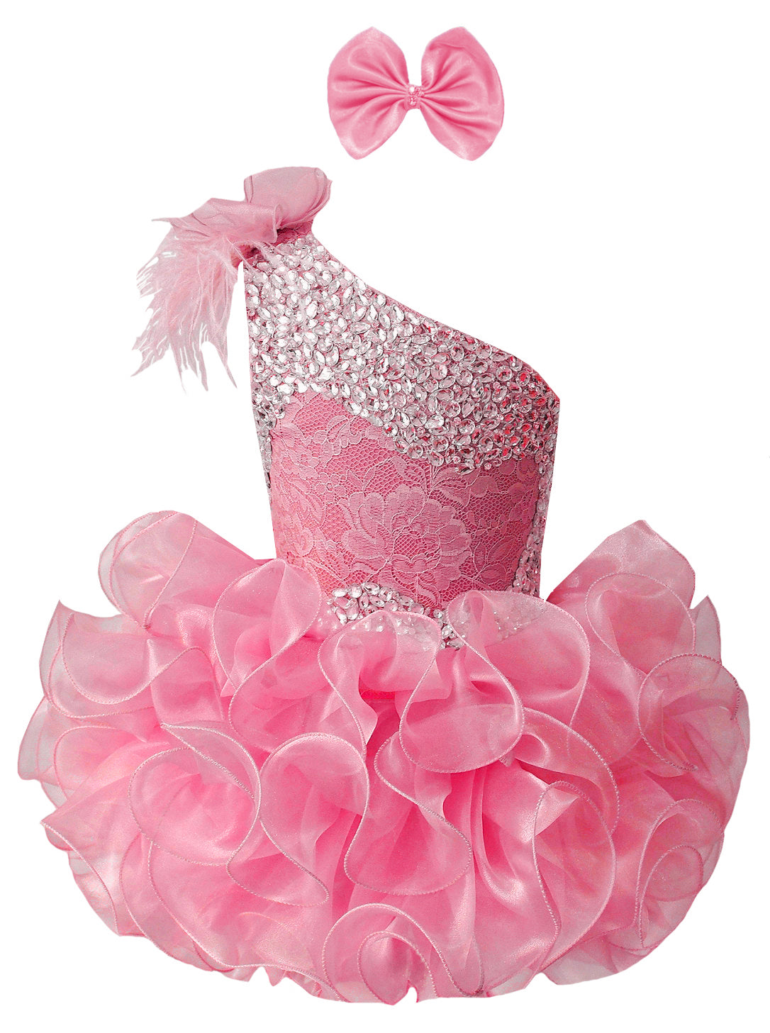 GIRWEM GRCP10003 Watermelon Front View one-shoulder organza ruffle cupcake pageant dress