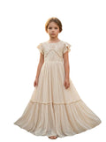 Girls' apricot lace chiffon boho maxi flower girl dress, full-length front view – Girwem GRFL1004