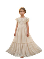 Girls' apricot lace chiffon boho maxi flower girl dress, full-length front view – Girwem GRFL1004