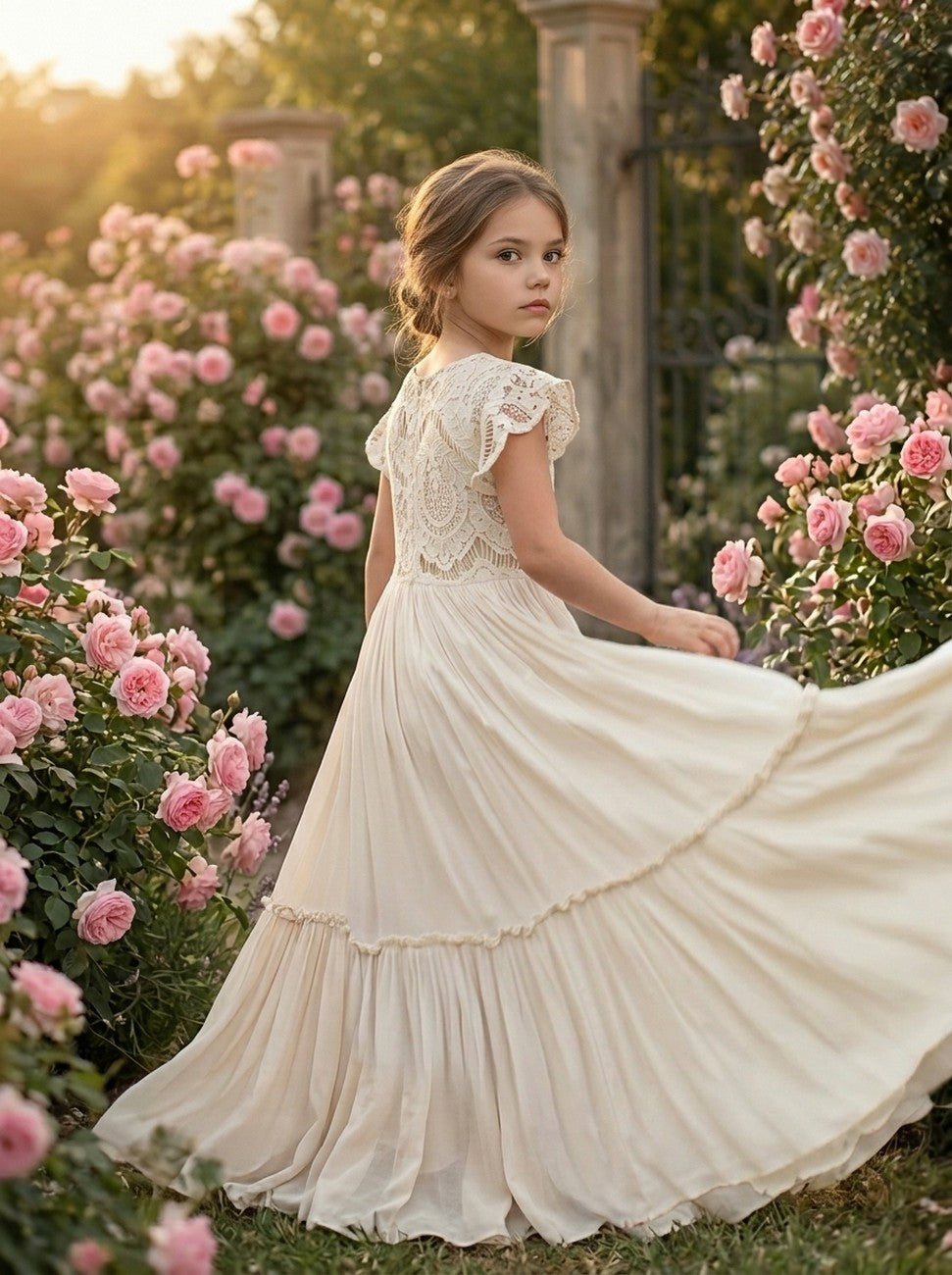 Girls' apricot lace chiffon boho maxi flower girl dress, twirling outdoor view – Girwem GRFL1004