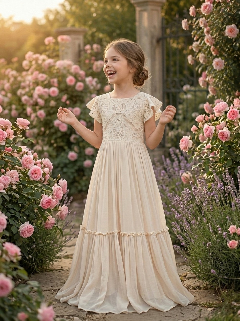 Girls' apricot lace chiffon boho maxi flower girl dress, garden portrait – Girwem GRFL1004