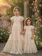 Girls wearing apricot lace chiffon flower girl dresses together – Girwem GRFL1004