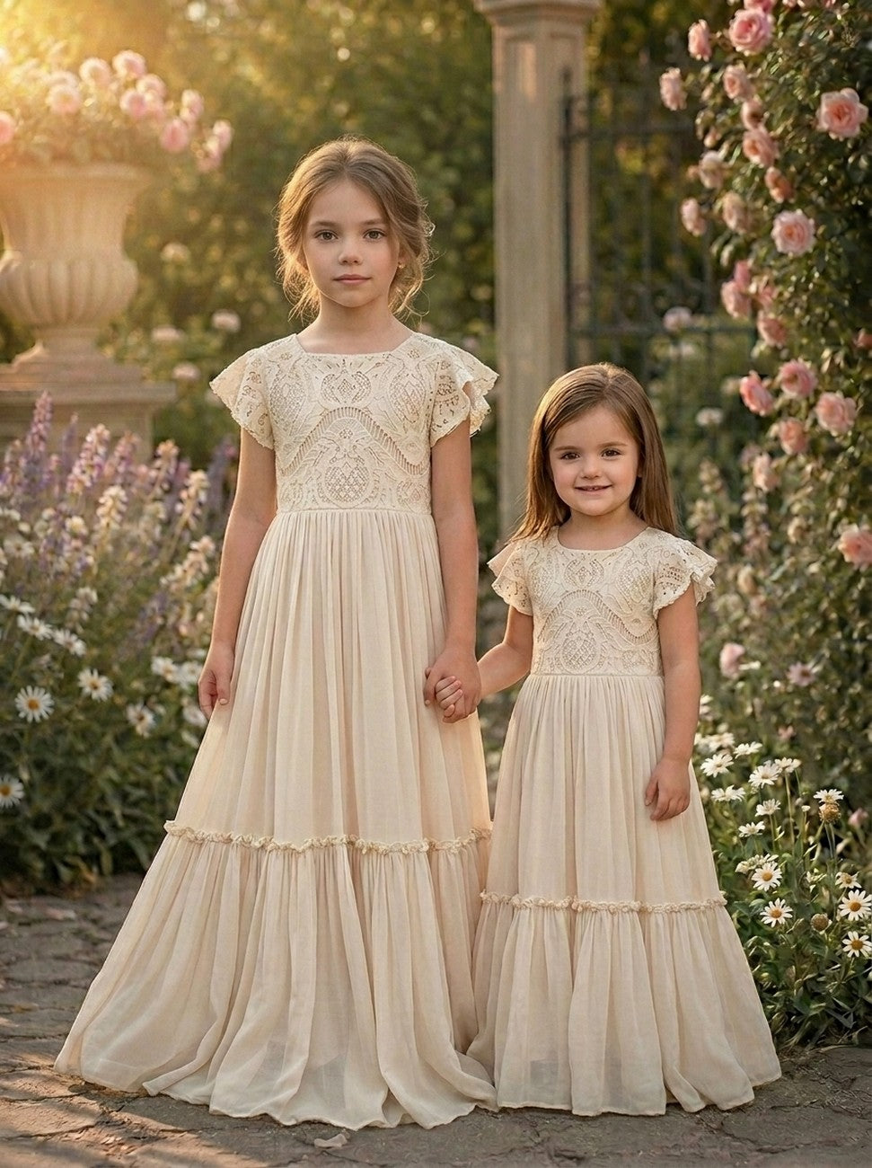 Girls wearing apricot lace chiffon flower girl dresses together – Girwem GRFL1004