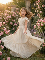 Girls' apricot lace chiffon boho maxi flower girl dress in motion – Girwem GRFL1004