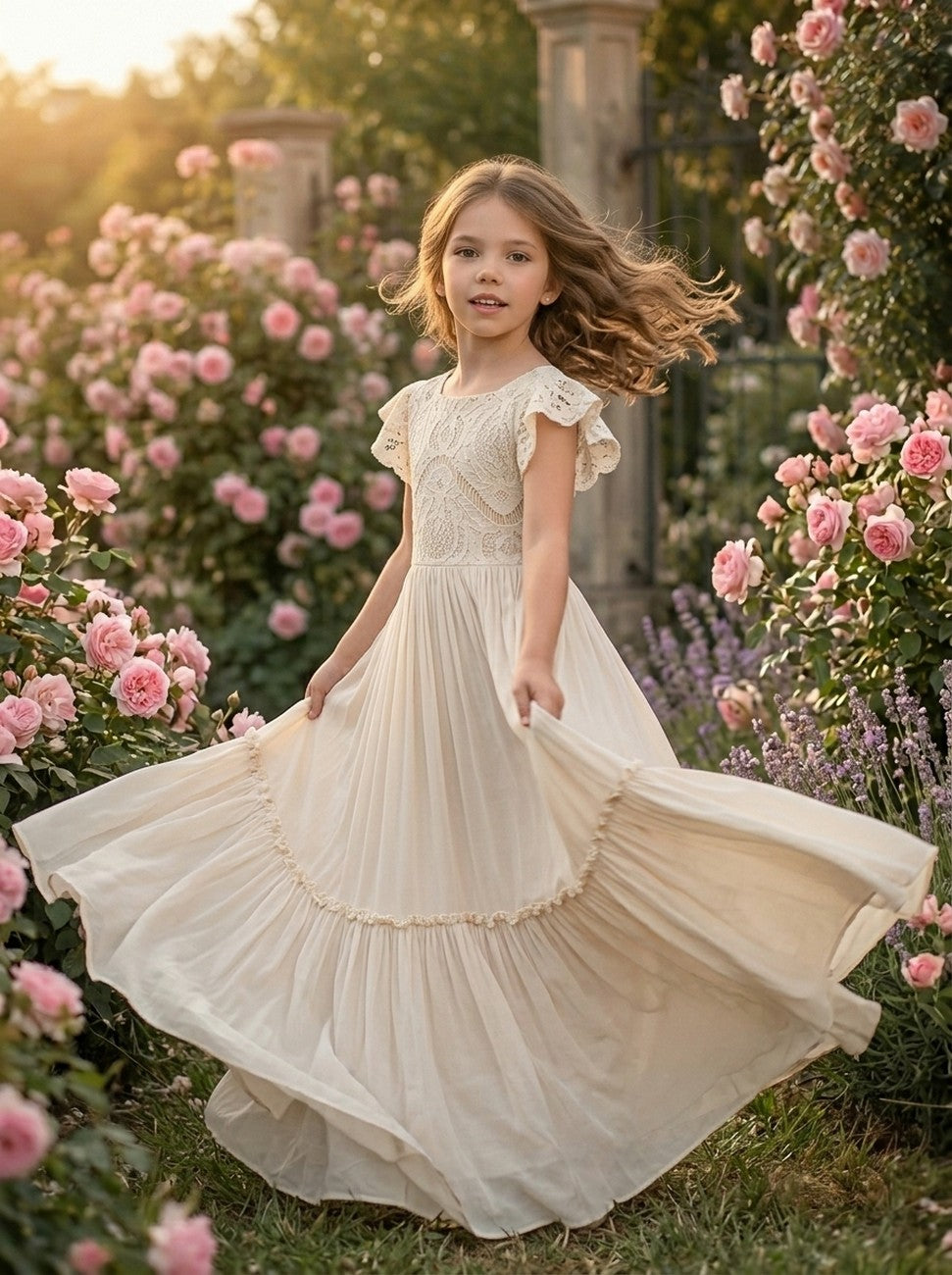 Girls' apricot lace chiffon boho maxi flower girl dress in motion – Girwem GRFL1004
