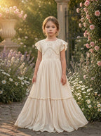 Girls' apricot lace chiffon flower girl wedding dress, front garden view – Girwem GRFL1004