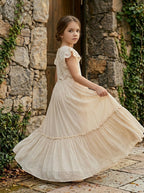 Girls' apricot lace chiffon boho maxi dress, stone garden view – Girwem GRFL1004