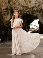 Girls' apricot lace chiffon flower girl maxi dress by a seaside cave – Girwem GRFL1004