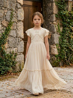 Girls' apricot lace chiffon flower girl dress, full-length patio view – Girwem GRFL1004