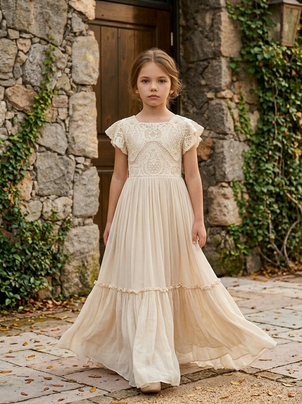 Girls' apricot lace chiffon flower girl dress, full-length patio view – Girwem GRFL1004