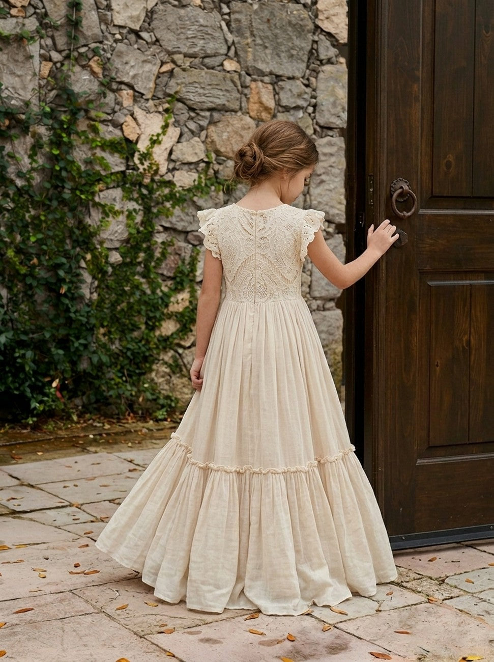 Girls' apricot lace chiffon boho maxi flower girl dress, back view – Girwem GRFL1004