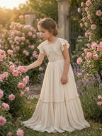 Girls' apricot lace chiffon flower girl wedding dress in a rose garden – Girwem GRFL1004