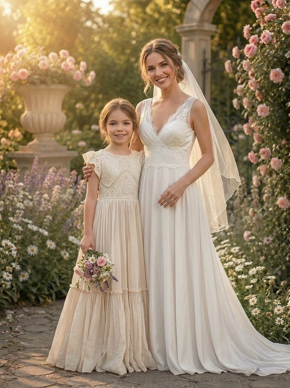 Girls' apricot lace chiffon flower girl dress with bride – Girwem GRFL1004