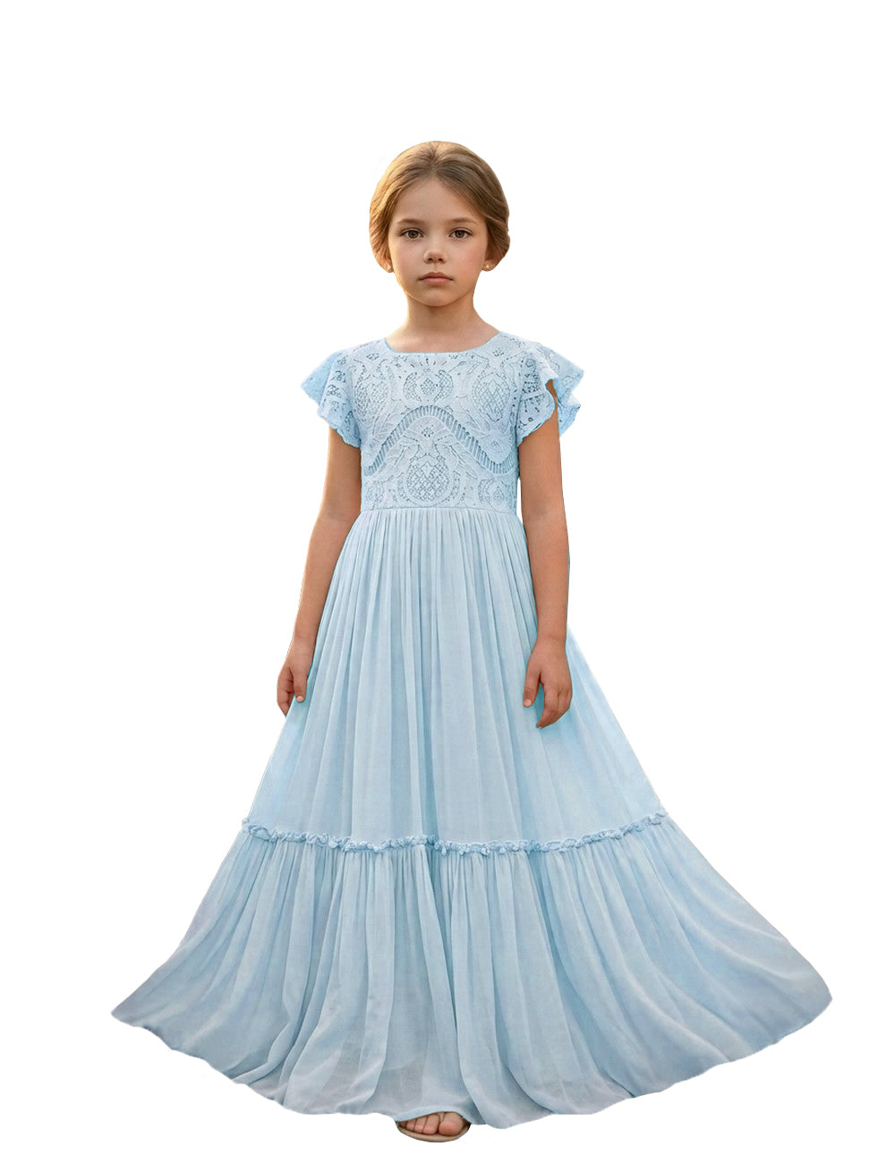 Girls' baby blue lace chiffon boho maxi flower girl dress, full-length front view – Girwem GRFL1004