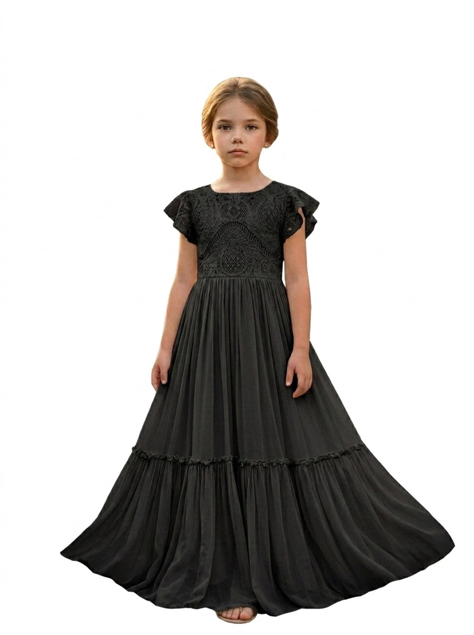 Girls' blush Pink lace chiffon boho maxi flower girl dress, full-length front view – Girwem GRFL1004