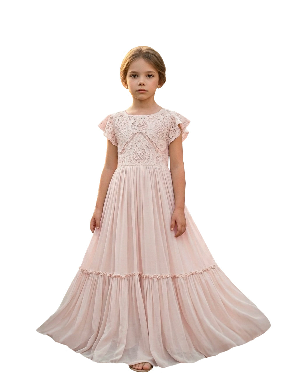 Girls' black lace chiffon boho maxi flower girl dress, full-length front view – Girwem GRFL1004
