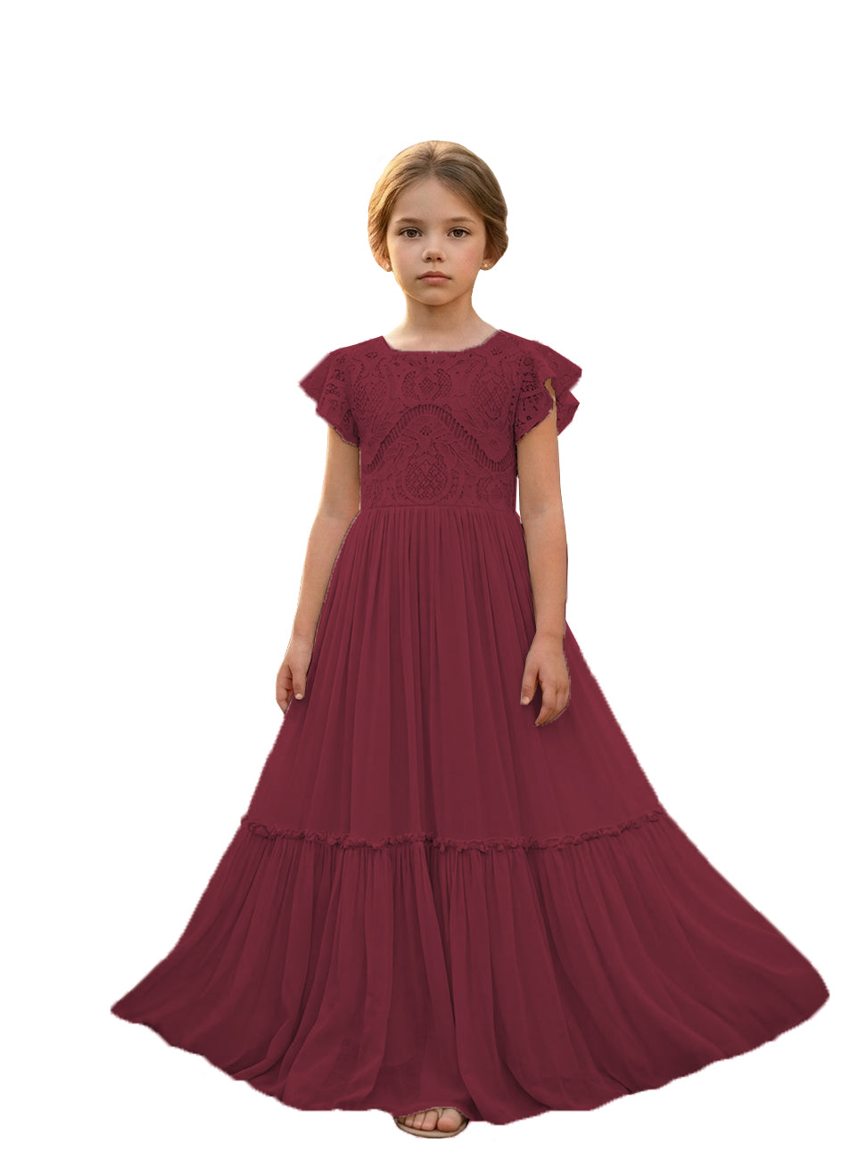 Girls' burgundy lace chiffon boho maxi flower girl dress, full-length front view – Girwem GRFL1004