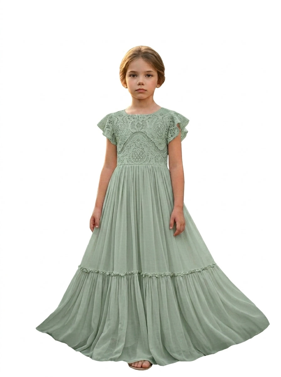 Girls' celadon lace chiffon boho maxi flower girl dress, full-length front view – Girwem GRFL1004