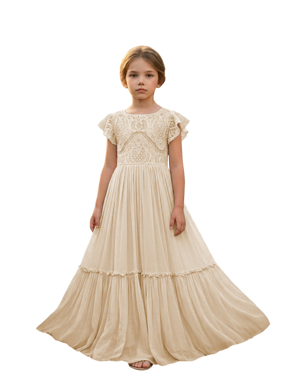 Girls' champagne lace chiffon boho maxi flower girl dress, full-length front view – Girwem GRFL1004