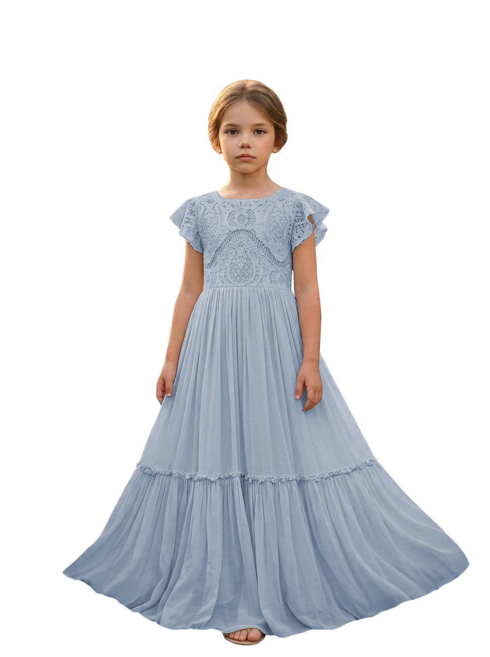 Girls' dusty blue lace chiffon boho maxi flower girl dress, full-length front view – Girwem GRFL1004