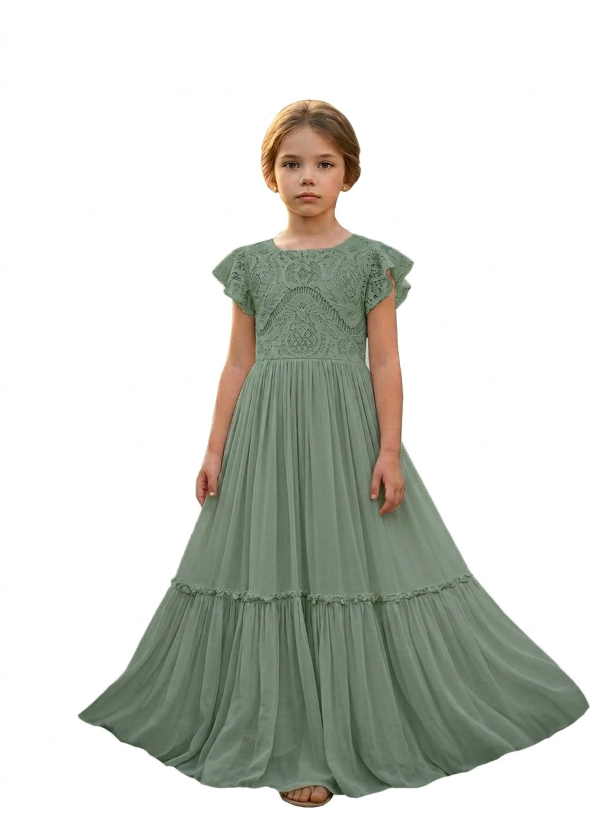 Girls' dusty green lace chiffon boho maxi flower girl dress, full-length front view – Girwem GRFL1004