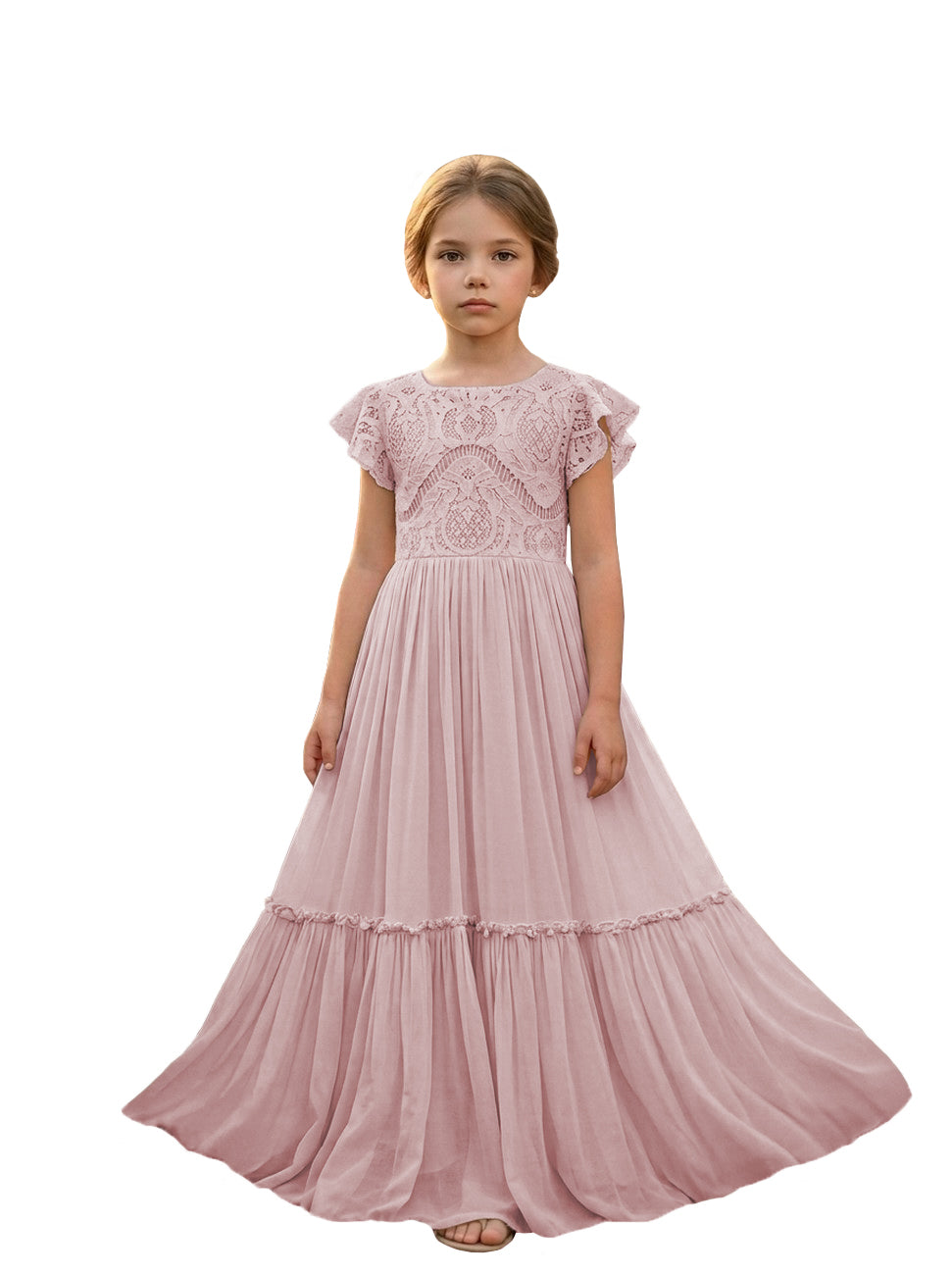 Girls' dusty pink lace chiffon boho maxi flower girl dress, full-length front view – Girwem GRFL1004