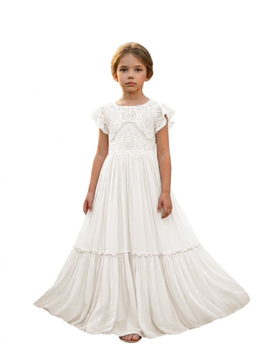 Girls' ivory lace chiffon boho maxi flower girl dress, full-length front view – Girwem GRFL1004