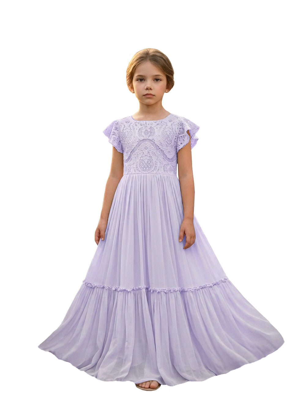 Girls' lavender lace chiffon boho maxi flower girl dress, full-length front view – Girwem GRFL1004