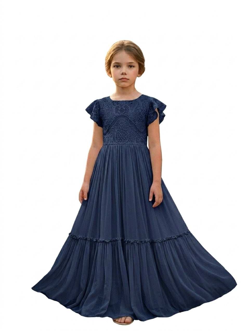 Girls' navy blue lace chiffon boho maxi flower girl dress, full-length front view – Girwem GRFL1004