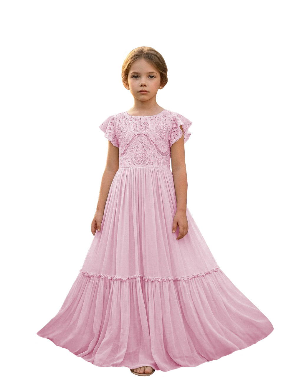 Girls' pink lace chiffon boho maxi flower girl dress, full-length front view – Girwem GRFL1004