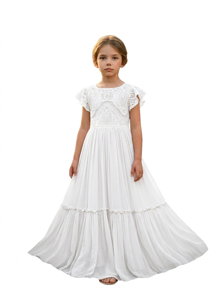 Girls' white lace chiffon boho maxi flower girl dress, full-length front view – Girwem GRFL1004