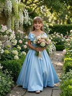 GIRWEM GRFL1005 Baby Blue Garden Bouquet Satin Flower Girl Dress
